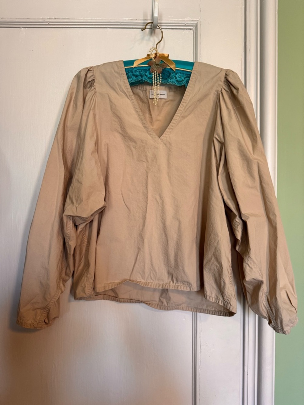 Malene Birger Tan V-Neck Balloon Sleeve Blouse